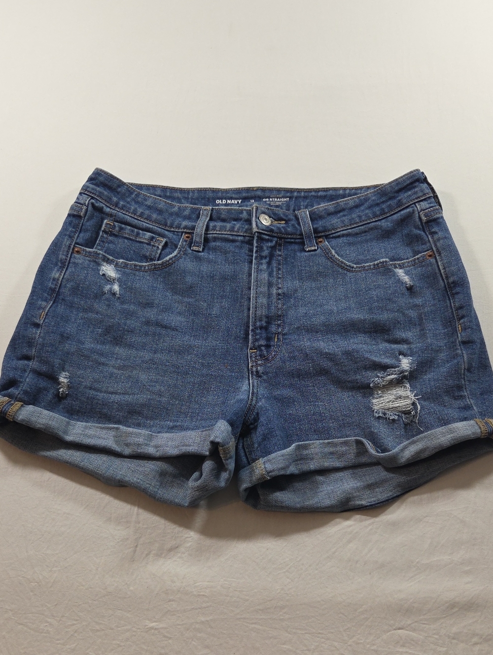 Old Navy O.G. Straight Rolled Hem Distressed Jean Shorts Woman's 12 - Dark Blue